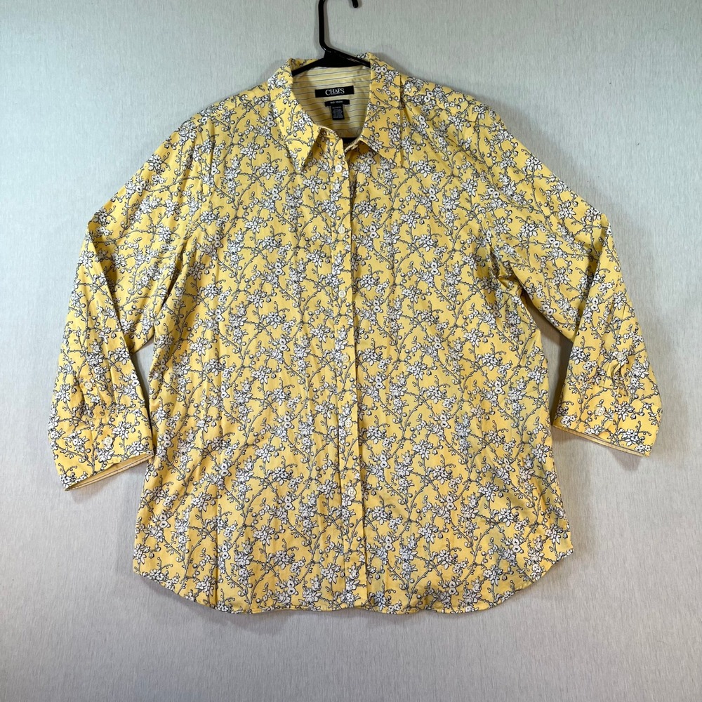 Chaps Womens Top XL Yellow Floral No Iron 100% Cotton 3/4 Sleeve Button Down